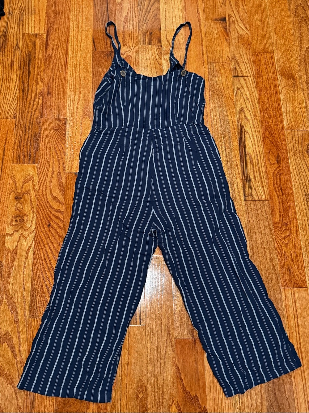 Sanctuary Navy Blue Striped Button-Front Cropped Wide Leg Jumpsuit - Picture 2 of 3